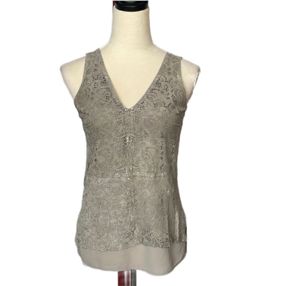 ECRU Elegant Gray & Tan Suede Sleeveless Blouse with Lace Design (Size: XS)